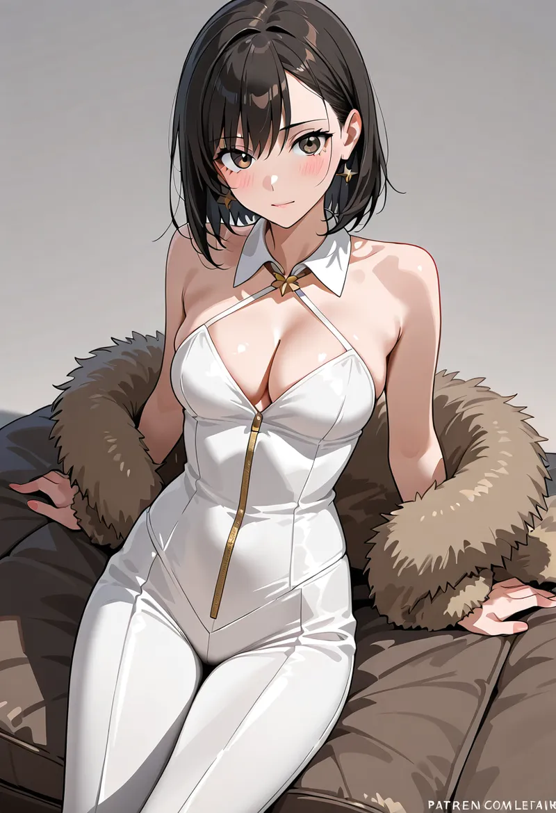 黒髪ショートボブに優しい表情の美少女が、白いドレスと茶色いファー素材の羽織を身に纏ったアニメ調イラストです。落ち着いた灰色背景にシンプルに描かれた上品な一枚。