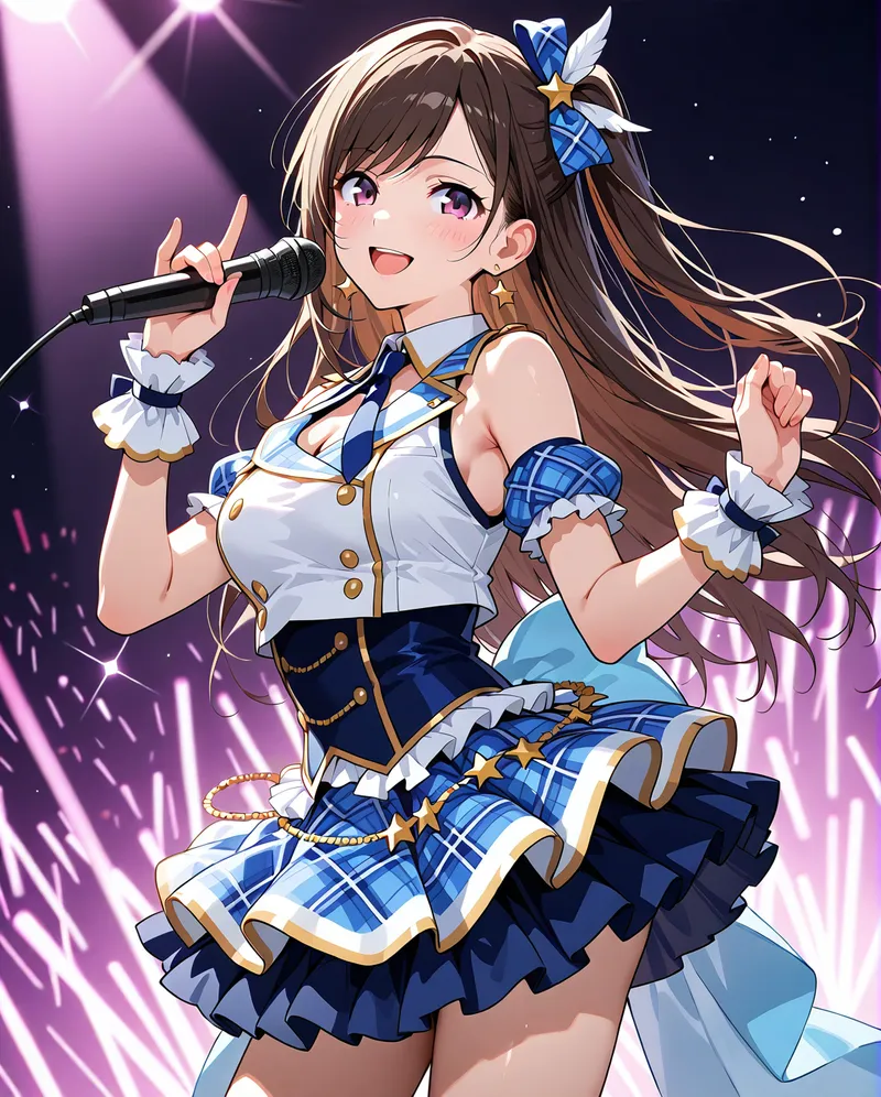 チェック柄のスカートと白いフリル付きトップスを身に纏ったアニメ調の美少女がマイクを手に、紫色の光とともに笑顔で歌う情景です。髪飾りのリボンと金色のアクセサリーが華やかさを引き出しています。