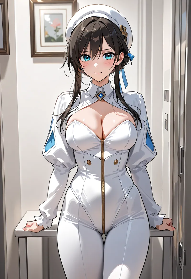 黒髪に白いキャップを被り、青いリボンをあしらった爽やかなユニフォーム姿の美少女イラスト。透き通った青い瞳と整った顔立ちが印象的で、モダンなインテリアの部屋で清潔感あふれるポーズで立つアニメ調キャラクターです。
