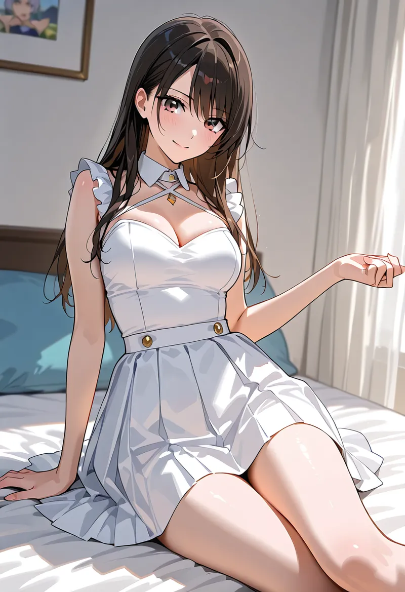 黒髪ロングにフリル袖の白いワンピースを身につけた美少女のアニメ調イラストです。明るい室内で優雅に座る姿勢と、柔らかな光と影が印象的です。