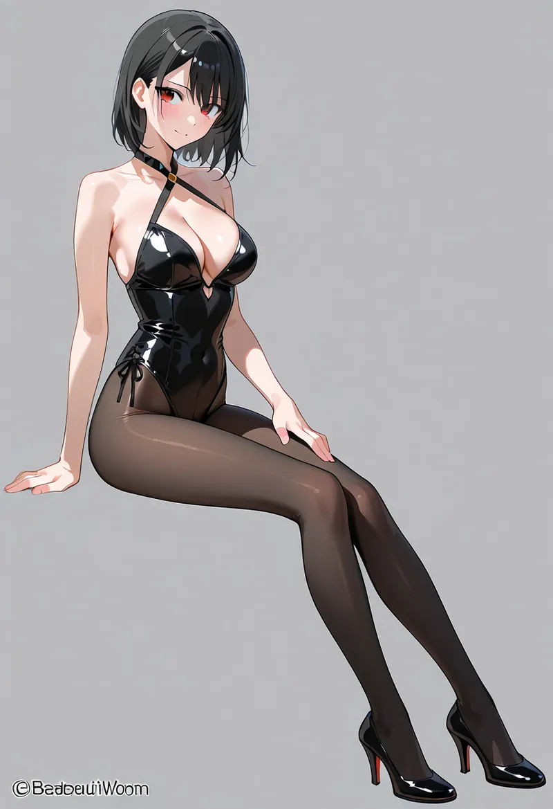 黒髪ショートボブに赤い瞳の美少女が、光沢のある黒いハイヒールと網タイツを合わせたスタイリングで、上品な笑顔を浮かべています。グレーの背景に映える洗練されたアニメ調イラスト。