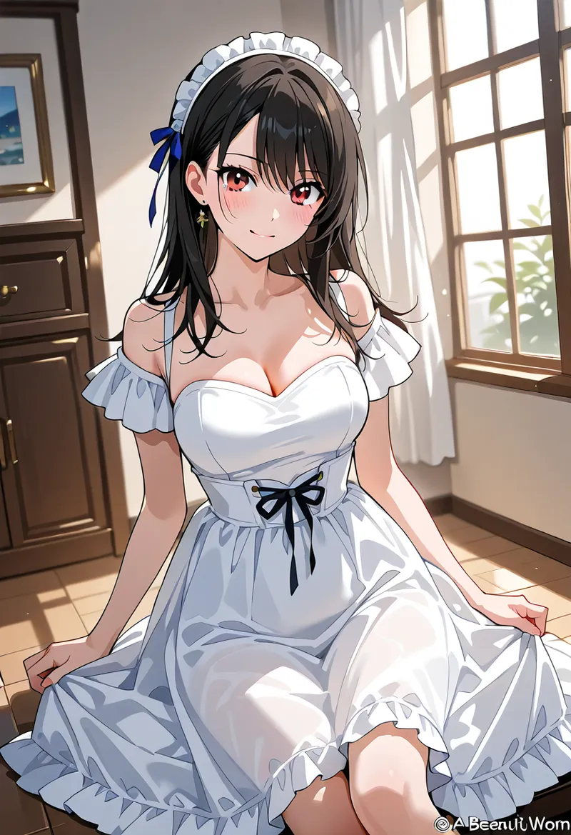明るい部屋の窓辺に佇む黒髪の少女が、白いメイド服に身を包み柔らかな笑顔を浮かべています。赤い瞳と白いヘッドドレス、青いリボンが清潔感あふれる装いを引き立てるアニメ調のポートレートです。