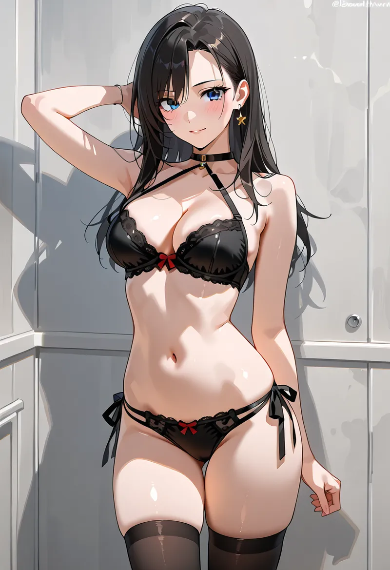 長い黒髪と青い瞳が印象的な美少女が、黒いレースのランジェリーと首輪を身に着けた姿。窓から差し込む光が肌を照らし、髪を梳く優雅なポーズが魅力的なアニメ調イラストです。
