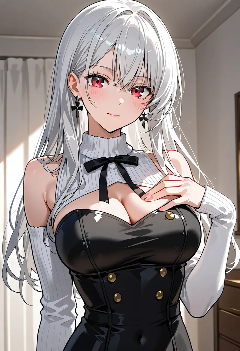 銀色の長髪に黒いリボンをあしらい、赤い瞳が印象的な美少女のアニメ調イラスト。モノトーンの洗練された衣装に白い手袋でまとめた、落ち着いた上品な雰囲気が特徴です。