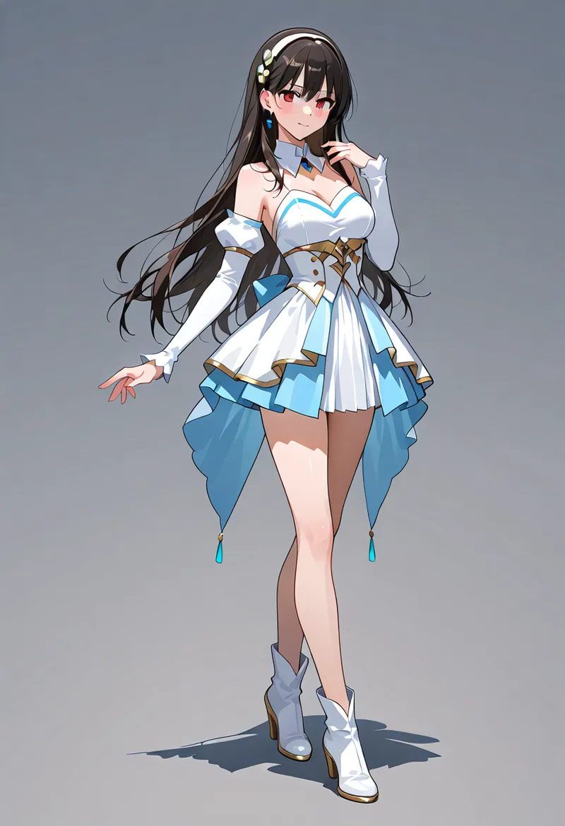 黒い長髪にヘアアクセサリーをあしらった美少女が、白と青を基調とした優雅なドレス姿で佇んでいます。白いブーツを履き、柔らかなグレーの背景の中で上品な表情を浮かべたイラスト作品です。