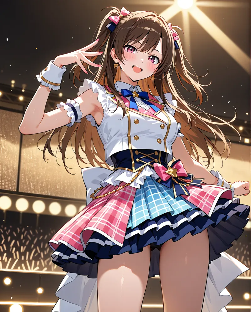 白いジャケットとカラフルなチェック柄スカートを纏った茶髪の美少女が、ステージライトに照らされながら明るい笑顔で手を上げるアニメ調イラストです。ピンクと青のリボンで飾られた髪と華やかな衣装が、アイドルのような輝きを放っています。