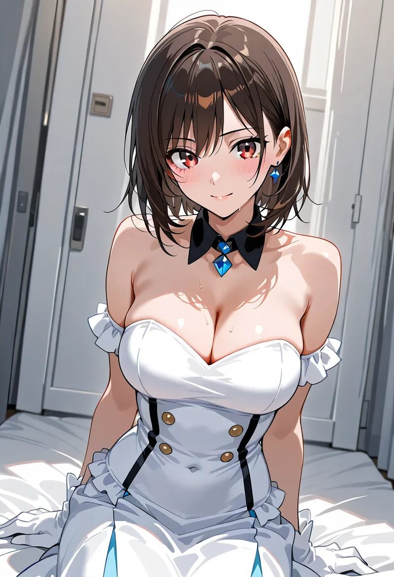 黒髪ボブに赤い瞳が印象的な美少女が、白いオフショルダードレスを身に纏い、爽やかな室内で微笑む。青いリボンとアクセサリーが上品な印象を引き立てるアニメ調イラストです。