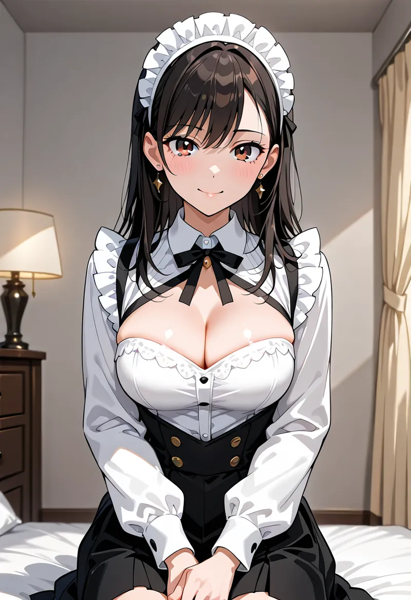 黒髪に白いヘッドドレスを合わせたメイド風アニメ調イラストです。柔らかな室内光と優しい笑顔が特徴で、古典的な家具に囲まれた空間で上品に佇む一枚です。