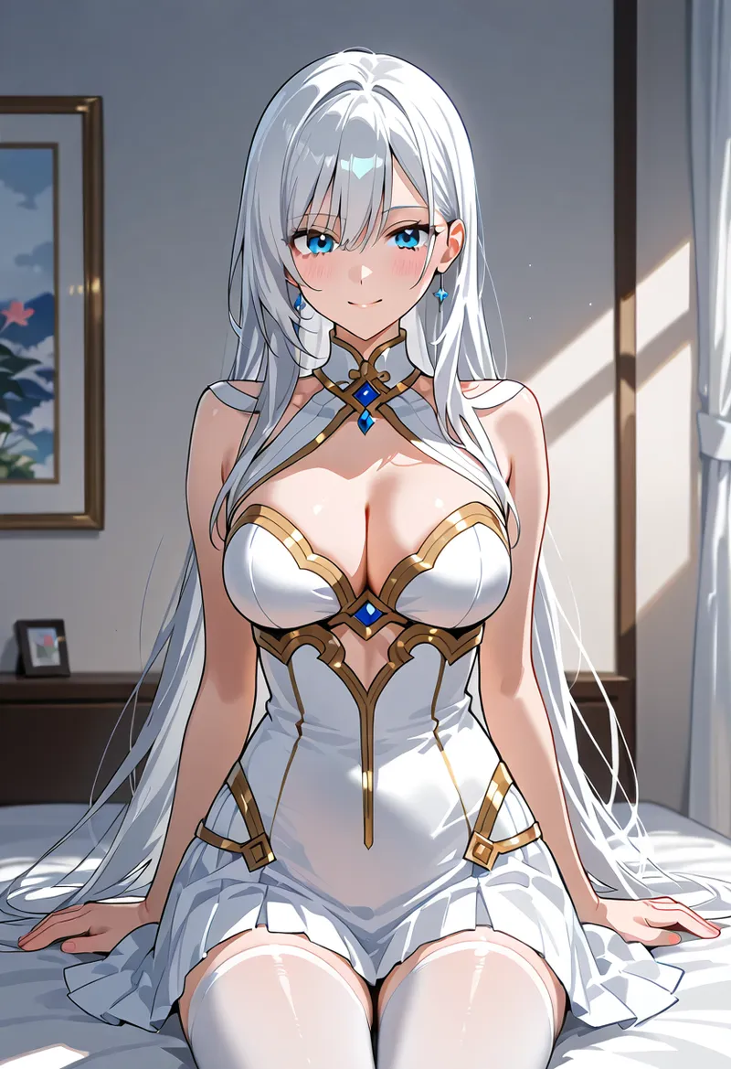 長い銀髪と輝く青い瞳が特徴の美少女が、金色と白を基調とした華麗なファンタジー衣装を纏い、室内の柔らかな日光の中で落ち着いた表情で佇むアニメ調イラストです。