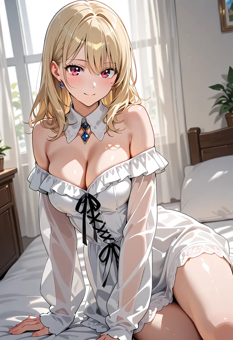 淡いベージュの長髪と赤紫の瞳が印象的な美少女が、白いオフショルダードレスを身にまとい、明るい窓辺で優雅に微笑むイラストです。洗練された室内背景と柔らかい光の表現が特徴のAI生成作品。