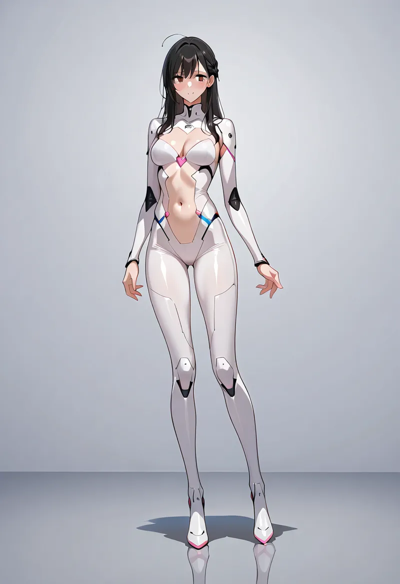 白を基調としたモダンなボディスーツを身に纏った黒髪の美少女イラストです。ロボティックなデザインと柔らかな表情の対比、シャープなシルエット構図が印象的。AI生成アート特有の洗練された色調で表現されています。