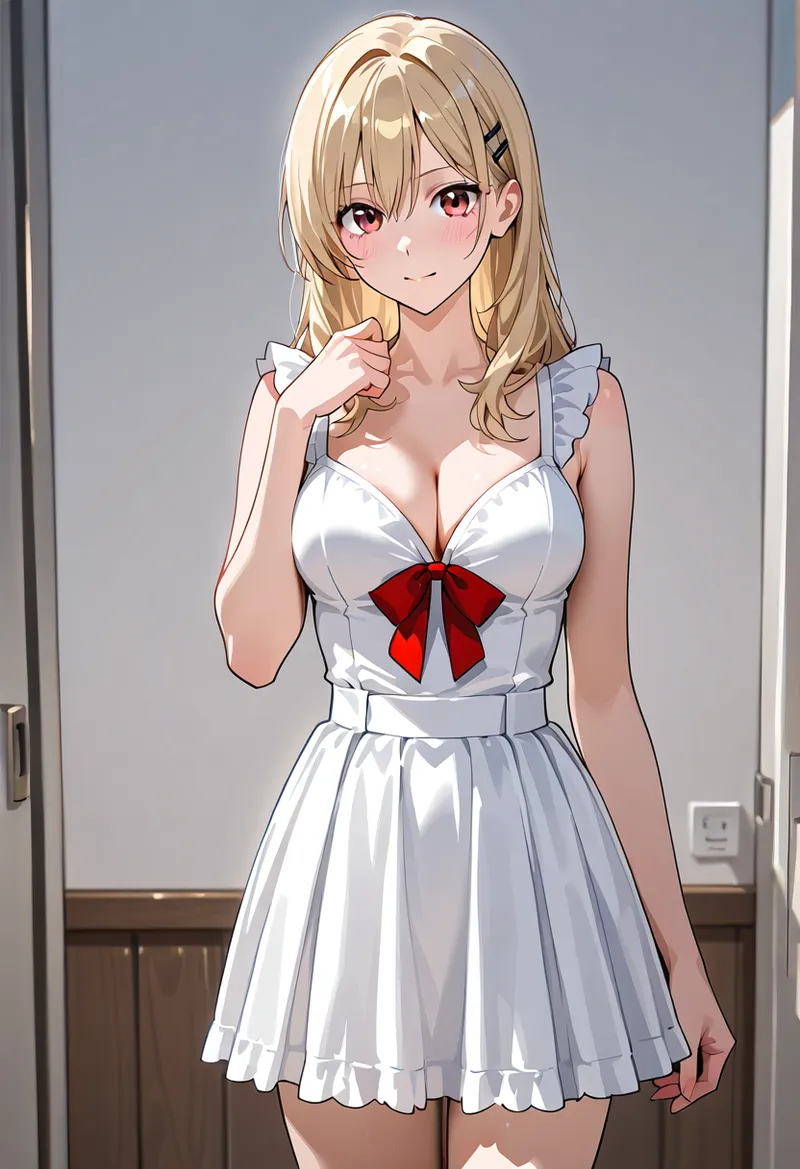 明るい茶髪と赤いリボンが特徴の美少女が、白いセーラー調ワンピースを着用した室内ポートレートです。清潔感あふれるアニメ調イラストで、優雅な立ち姿と穏やかな表情が魅力的です。