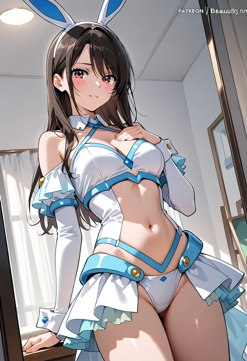 黒髪の美少女が青と白のウサギ耳装を身に纏い、柔らかな室内照明の中で微笑む。洗練されたアニメ調の線画で描かれた、優雅な雰囲気のキャラクターポートレートです。