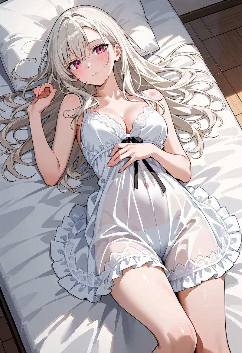 銀白色の長い波状ヘアと紫紅色の瞳が特徴的な美少女のアニメ調イラスト。白いレースドレスに黒いリボンをあしらい、ベッドの上で柔らかな陽光に包まれた雰囲気が魅力です。