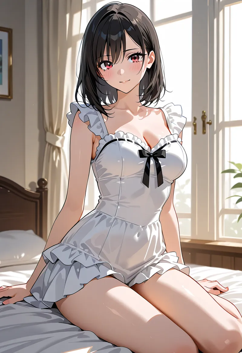 光あふれる寝室で、黒髪のボブスタイルにピンク色の瞳が特徴的な少女が、フリル装飾とリボン付きの白いドレスを身に纏い、優雅な表情で佇むアニメ調イラストです。