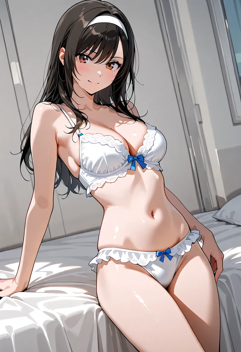 黒髪ロングに白いヘアバンドを合わせた美少女のアニメ調イラストです。白を基調とした優雅な衣装と落ち着いた室内背景で、洗練されたグラビアアート風の一枚に仕上がっています。