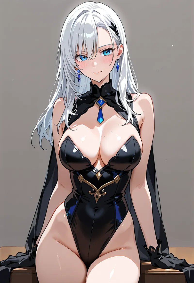 鮮やかな青い瞳と銀色の長髪が印象的な美少女のアニメ調イラストです。黒いエレガントな衣装と青いアクセサリーで洗練された雰囲気を演出しており、柔らかい表情と光の表現が魅力的な作品です。