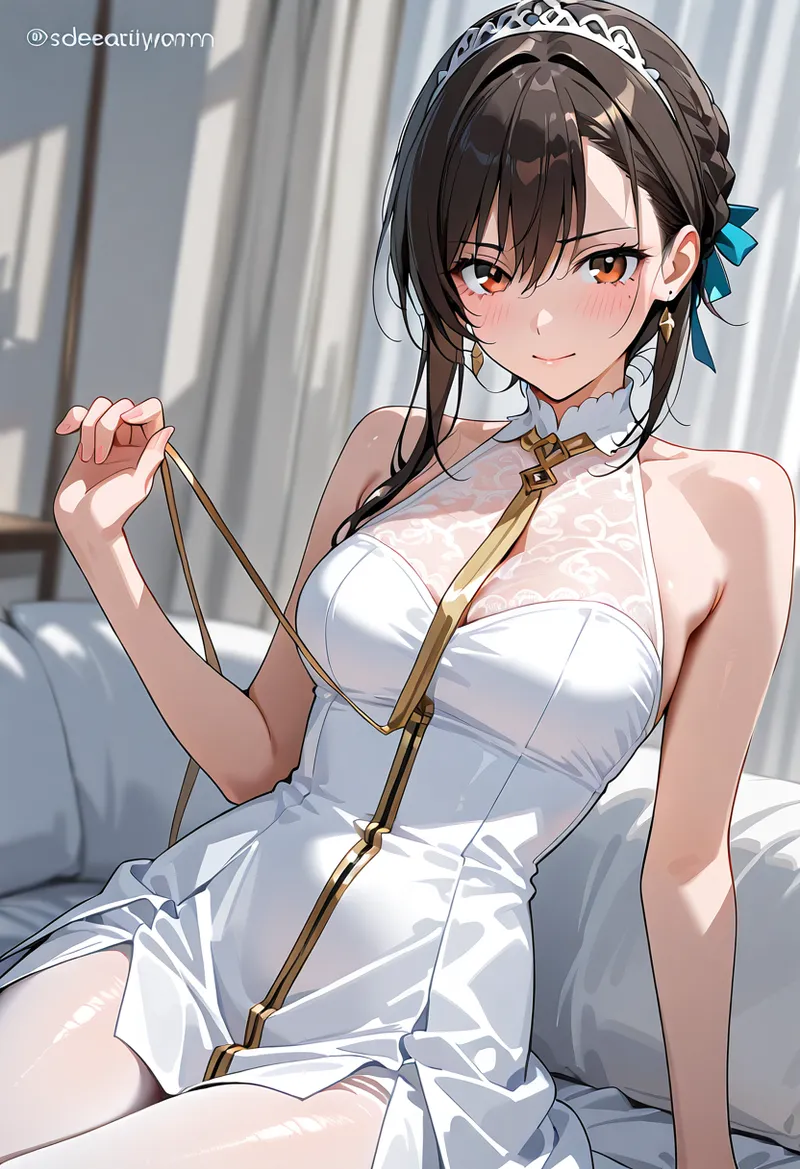 黒髪に青いリボンと銀色の王冠を合わせた美少女のアニメ調イラスト。白いドレスを身にまとい、柔らかい日差しの中で優しい表情を浮かべています。