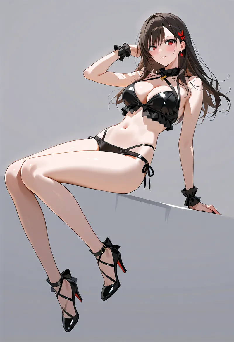 黒のハイヒールとリボンモチーフの衣装でドレスアップした美少女のアニメ調イラスト。赤い髪飾りと黒い手袋がアクセントになった、洗練されたファッションモデルポーズです。