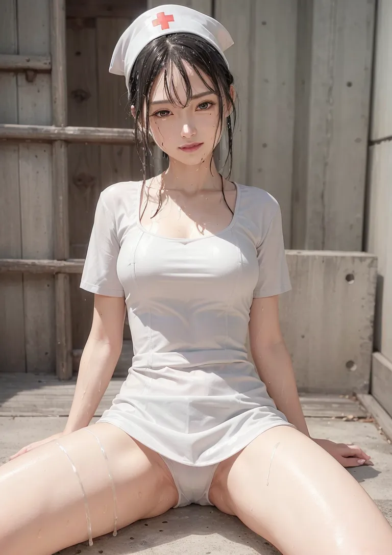 清潔感溢れる白のワンピースナース衣装に身を包んだ黒髪の美少女。柔らかい陽光が降り注ぐコンクリート背景で、穏やかな瞳で前を見つめるAI生成イラストです。
