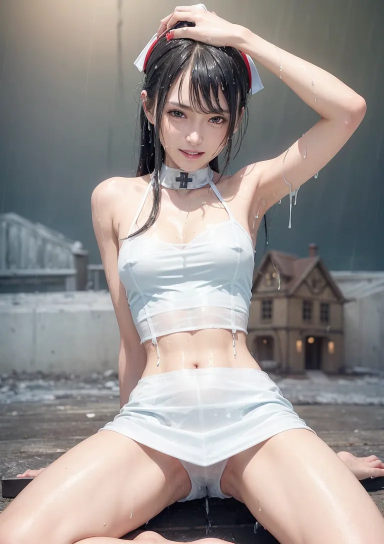 ゴシックな雰囲気の廃墟を背景に、黒髪の美少女が雨の中で優雅に佇んでいます。赤いヘッドフォンと神秘的な表情が印象的で、湿った空気感が全体を包み込んでいます。