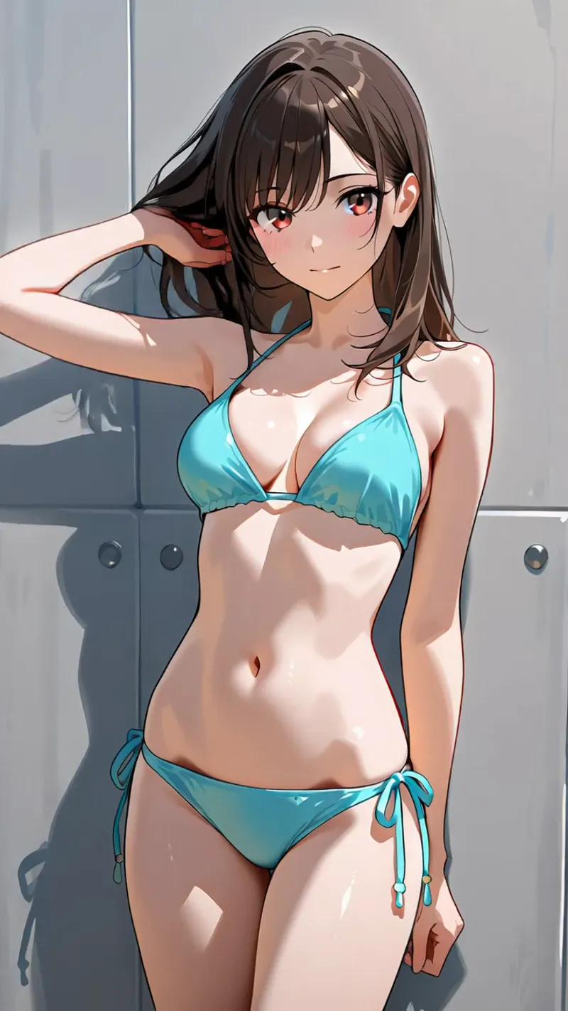 鮮やかなターコイズブルーの水着を身に纏い、窓からの光に包まれた少女のアニメ調ポートレート。赤茶色の長めの髪が優雅に流れ、柔らかい笑顔で振り返る表情が印象的です。