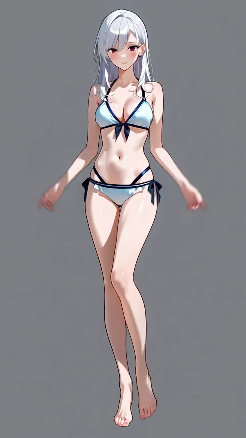 銀色の長髪と優しい表情が特徴のアニメ調ポートレートです。紺と白色の配色が映える水色のビキニスタイルで、グレーの背景に映える全身イラストとなっています。