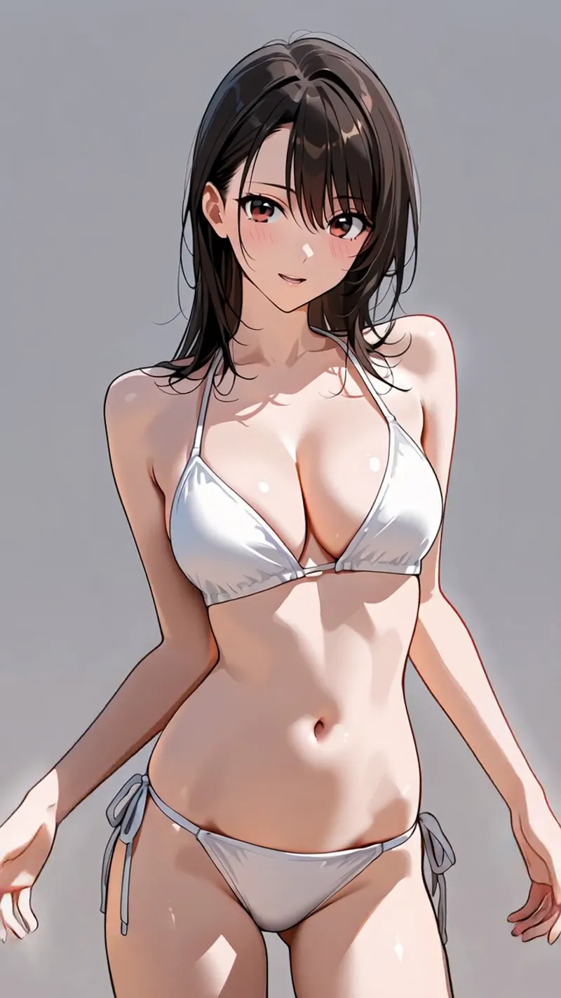 黒髪のミディアムヘアと赤い瞳が印象的な美少女のポートレート。白を基調としたビキニを着用し、穏やかな笑顔で正面を向いています。グレーの背景に立つシンプルで洗練された構図のアニメ調イラスト。