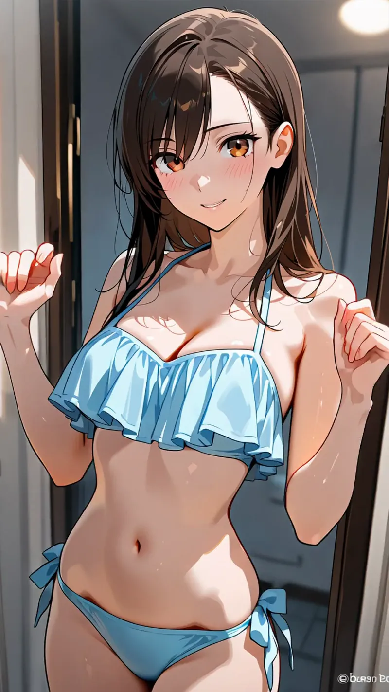 暖かな室内光が優しく当たる中、青いリボン装飾の水着姿でほほ笑む女性のアニメ調イラスト。黒髪が柔らかく流れ、琥珀色の瞳が生き生きとしています。