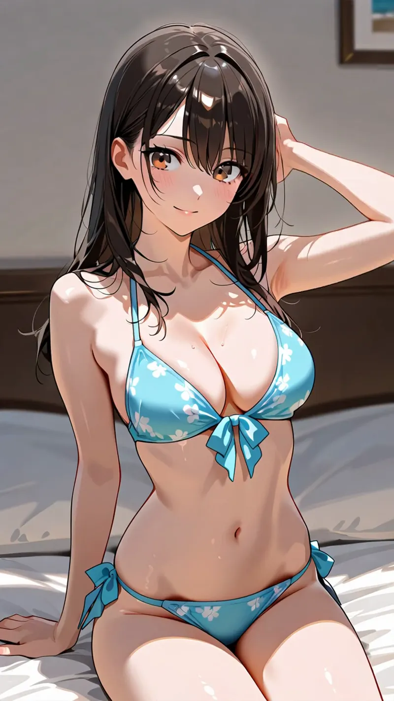 黒髪をかき上げる仕草が魅力的な、爽やかな青い花柄ビキニ姿の女性イラストです。室内の柔らかい日差しが肌を優しく照らし、アニメ調の細やかな表情描写と光の表現が高い完成度を感じさせます。
