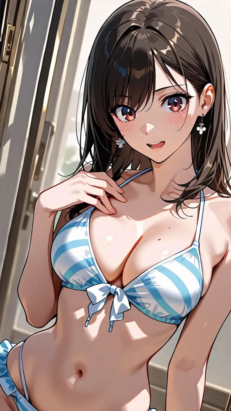 黒い短髪にサイドバングが優しい印象の美少女が、爽やかな青白ストライプの水着姿で窓際に佇んでいます。赤紫色の瞳と柔らかな笑顔、光と影が作る立体感のあるアニメ調イラストです。