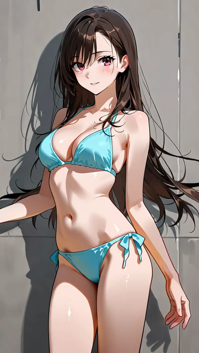 赤紫色の瞳が印象的な長黒髪の美少女が、ターコイズブルーのビキニを身に纏い、淡灰色の背景の中で優雅なポーズを取るアニメ調イラスト。光と影の表現が立体感を引き出しています。