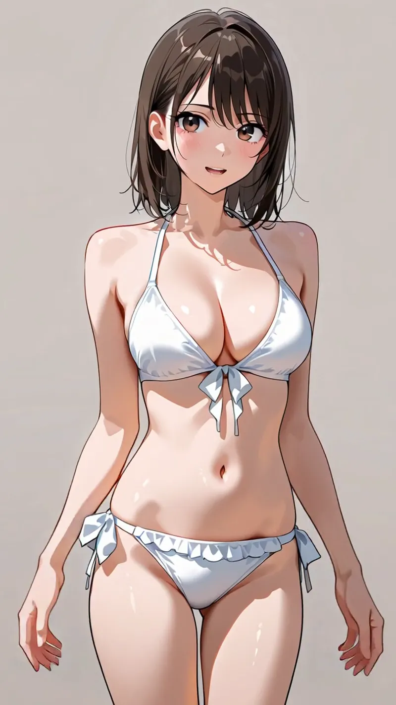 黒髪のミディアムヘアに明るい瞳が特徴的な美少女が、白いリボン装飾のビキニを身に纏い、柔らかい表情で微笑んでいるアニメ調のポートレートです。