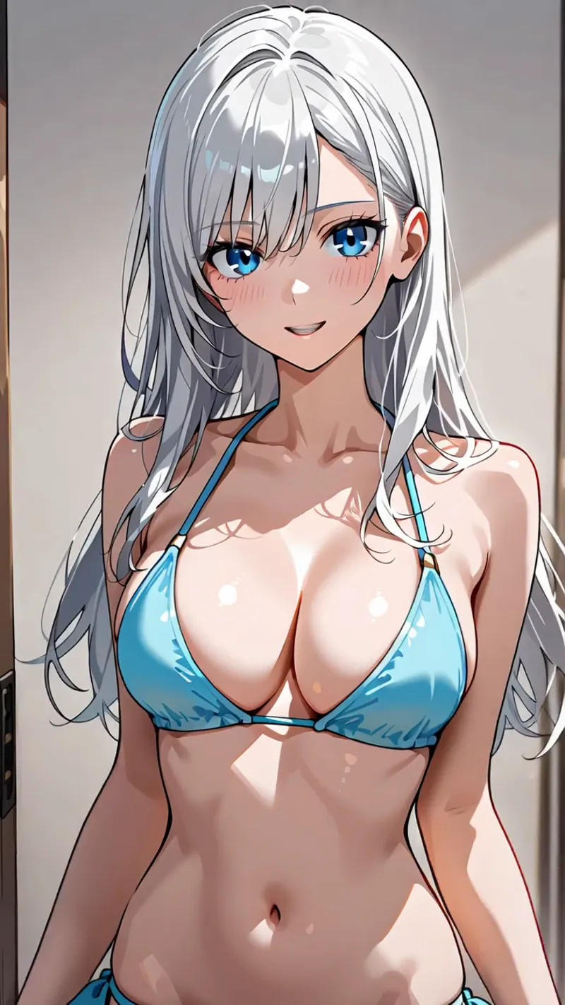 銀色の長髪に青い瞳が輝く美少女のポートレート。青いビキニ姿で爽やかな笑顔を浮かべ、柔らかな光と影で立体感のあるアニメ調イラストです。