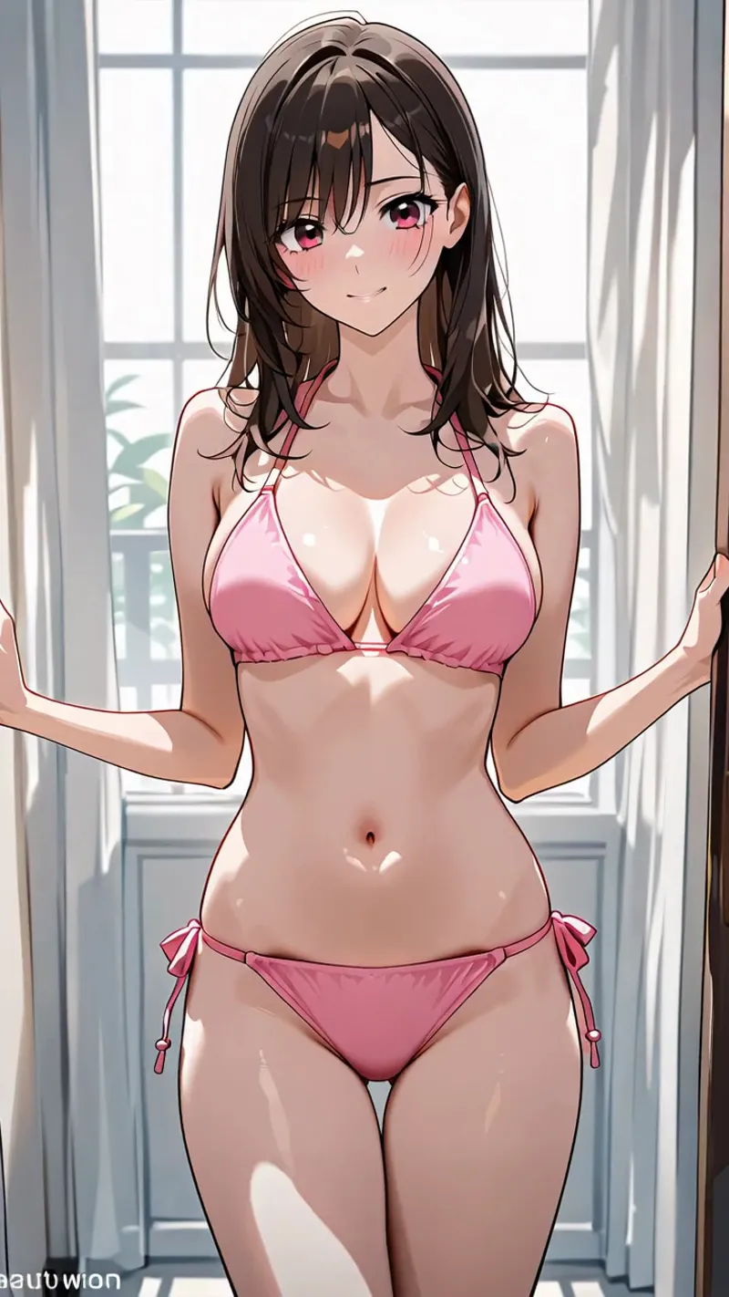 大きな窓から差し込む自然光が優しく照らす室内で、ピンク色の水着姿でくつろぐ少女のポートレート。淡い肌色と濃い茶髪、ピンク色の瞳が印象的で、爽やかな表情と穏やかな雰囲気が特徴です。