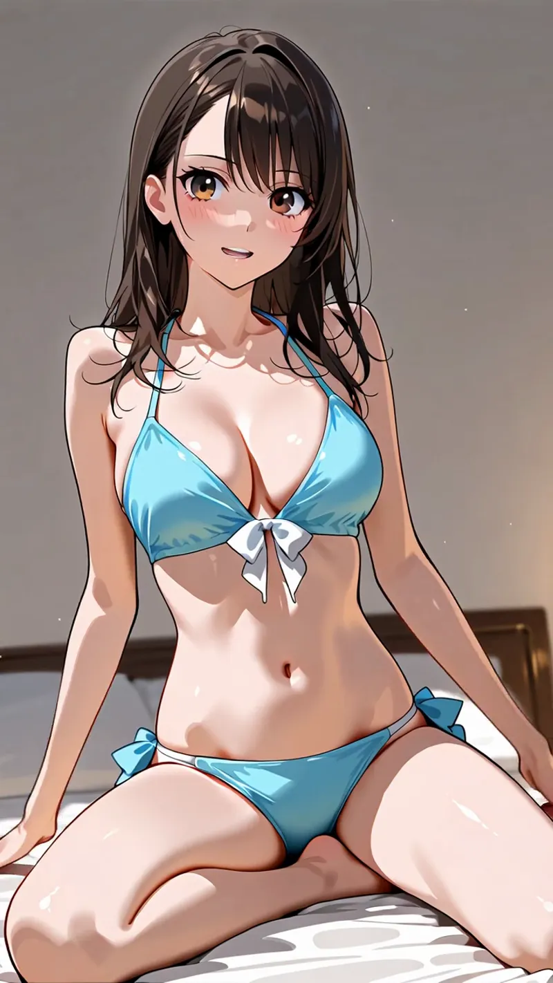 艶やかな黒髪ロングと大きな瞳が印象的な美少女イラストです。淡いグラデーション背景の中で柔らかな笑顔を浮かべており、AI生成ならではの洗練された描画表現が特徴です。