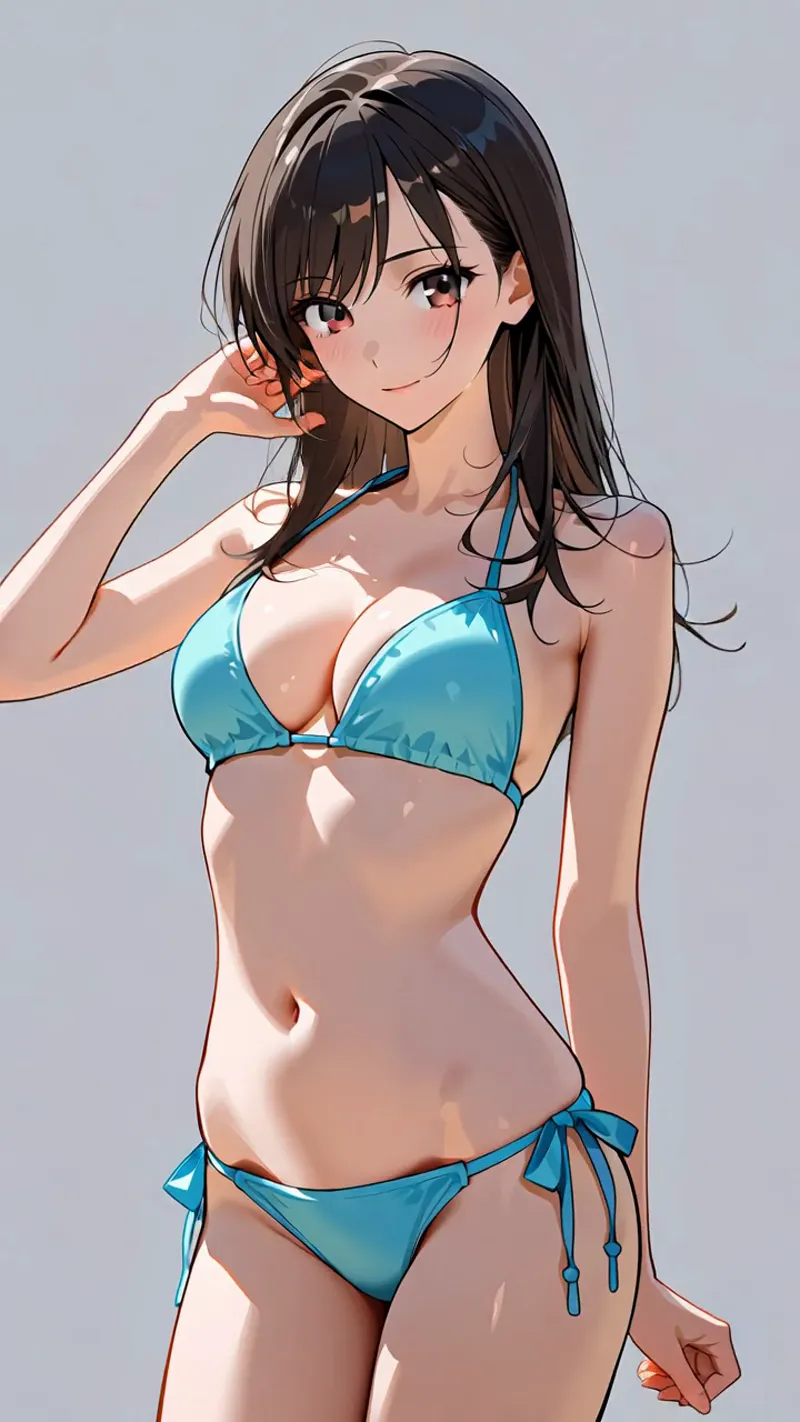 黒髪ロングと赤茶色の瞳が印象的な美少女が、青いビキニ姿で優雅なポーズを取るアニメ調イラストです。柔らかなグラデーション背景と光の表現により、透明感のあるイラストに仕上がっています。