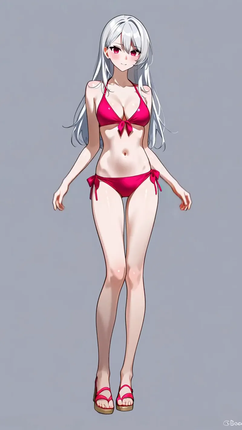 ピンク色の瞳が印象的な白髪ロングヘアの少女が、グレー背景にて艶やかな赤いビキニ姿で佇んでいます。ウッドプラットフォームサンダルを履き、落ち着いた表情で正面を向くアニメ調イラストです。