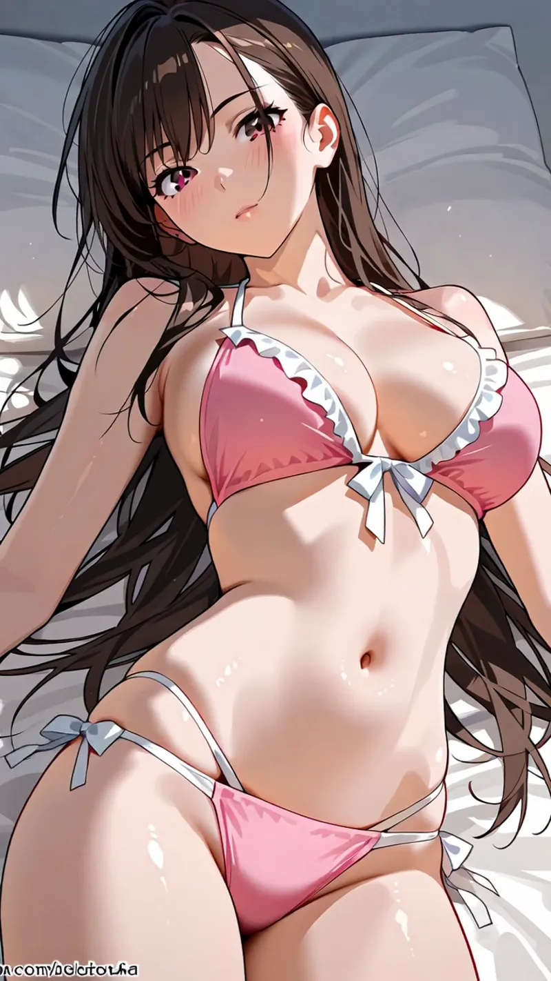 紫のアイシャドウが印象的な長髪の少女が、ピンク系の水着を纏い、リボンのアクセントが可愛らしい爽やかな雰囲気のイラストです。柔らかい光の当たる肌表現と細部の描き込みが魅力的な作品。