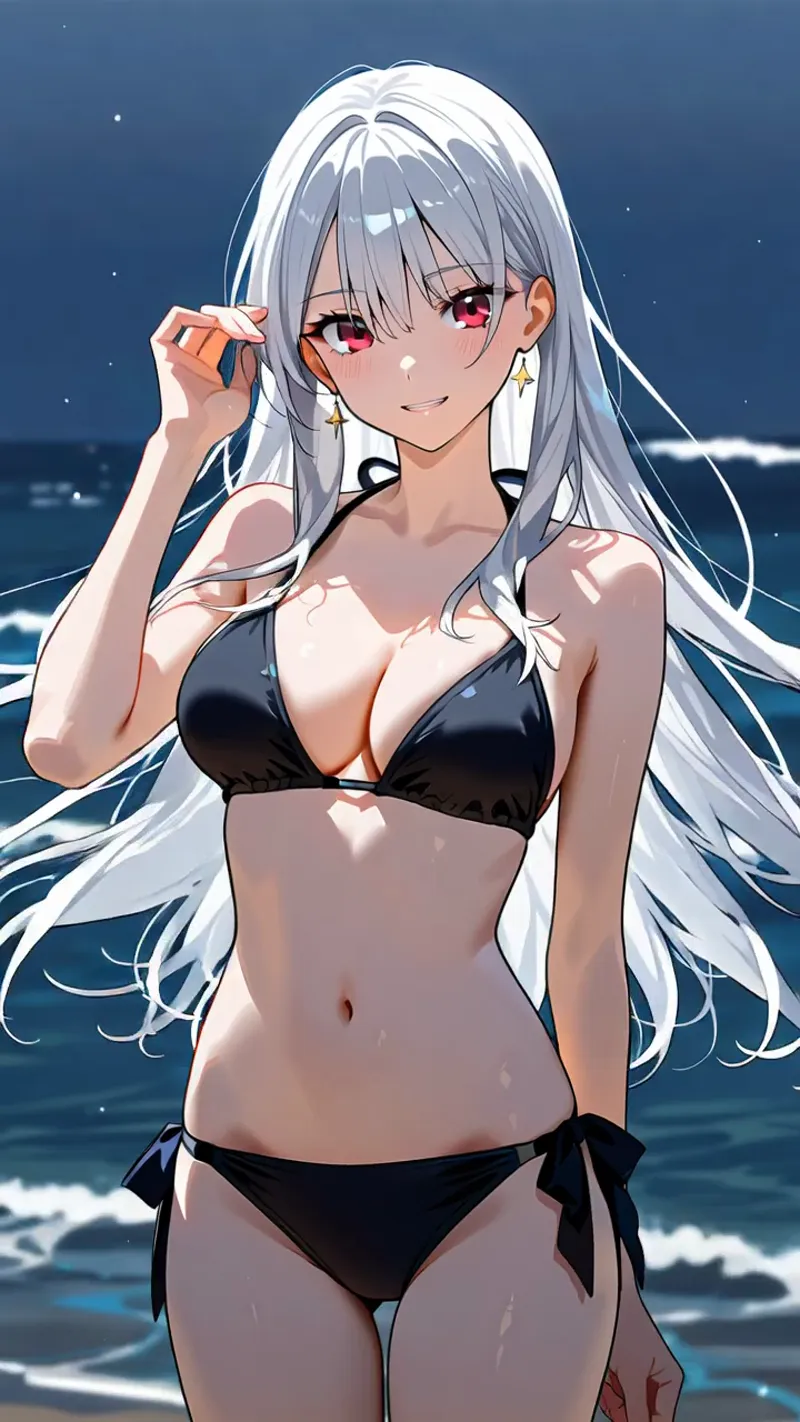 夜の海を背景に、長い銀髪と赤紫色の瞳が印象的な美少女のアニメ調イラストです。黒いビキニ姿で、金色のピアスをつけた上品な表情が海風に揺れる髪とともに描かれています。