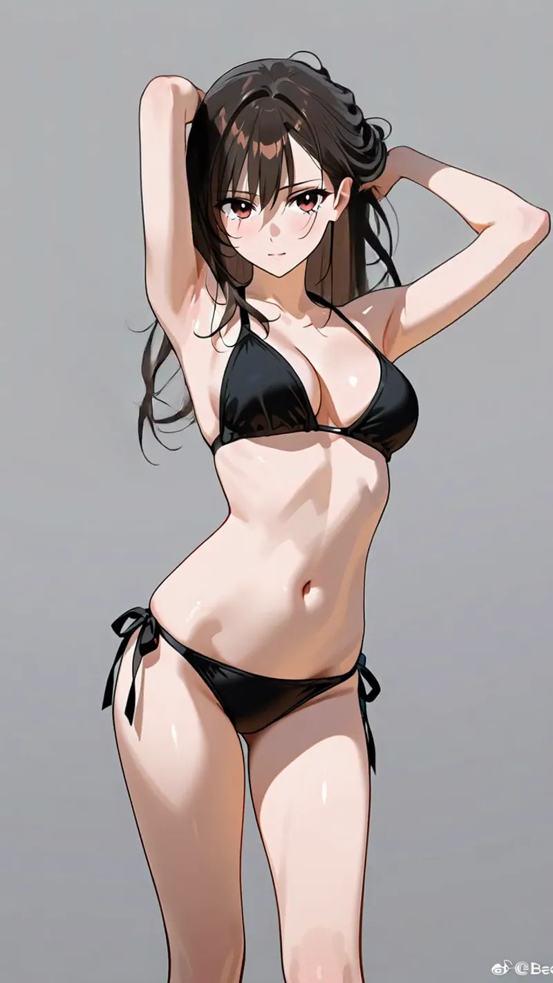 黒いビキニを身に纏った美少女が、腕を上げた優雅なポーズで佇むアニメ調イラストです。茶髪を片側でまとめた表情豊かな顔立ちと、グレーの背景が引き立つ洗練された構図になっています。