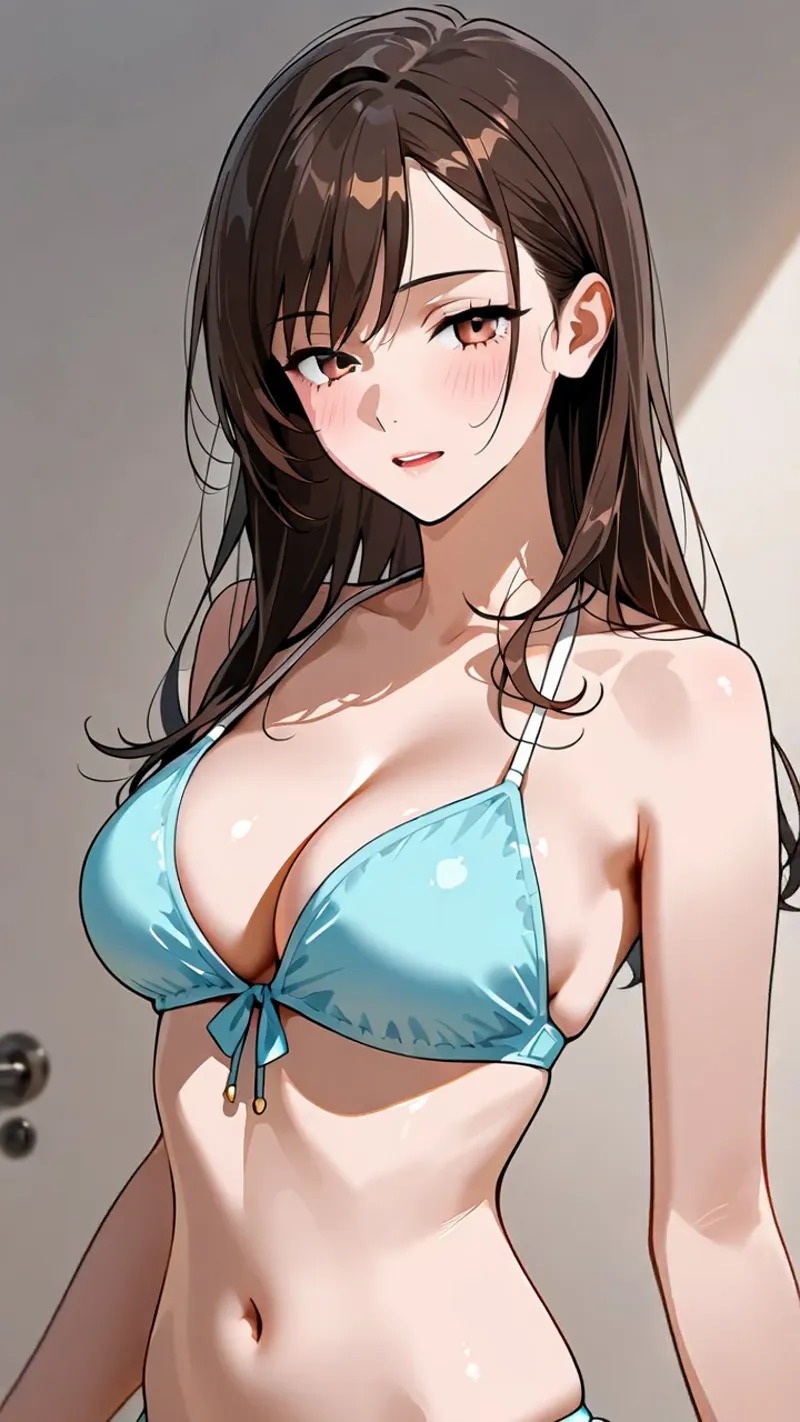 茶色い長髪に前髪がかかった柔らかな表情の美少女が、水色の爽やかなトップスを着た姿を描いたアニメ調イラストです。自然な光が当たった明るい背景の中で、優雅な横向きのポーズが映えています。