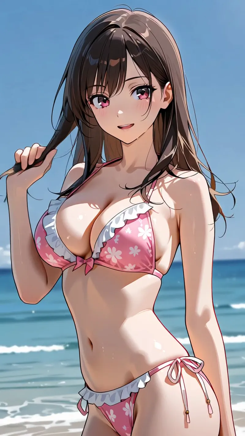 紅色の花柄ビキニを着た長髪の美少女が、青い海を背景に爽やかな笑顔を浮かべています。明るい表情と自然な仕草が夏の海のシーンを引き立てる、アニメ調の高品質イラストです。