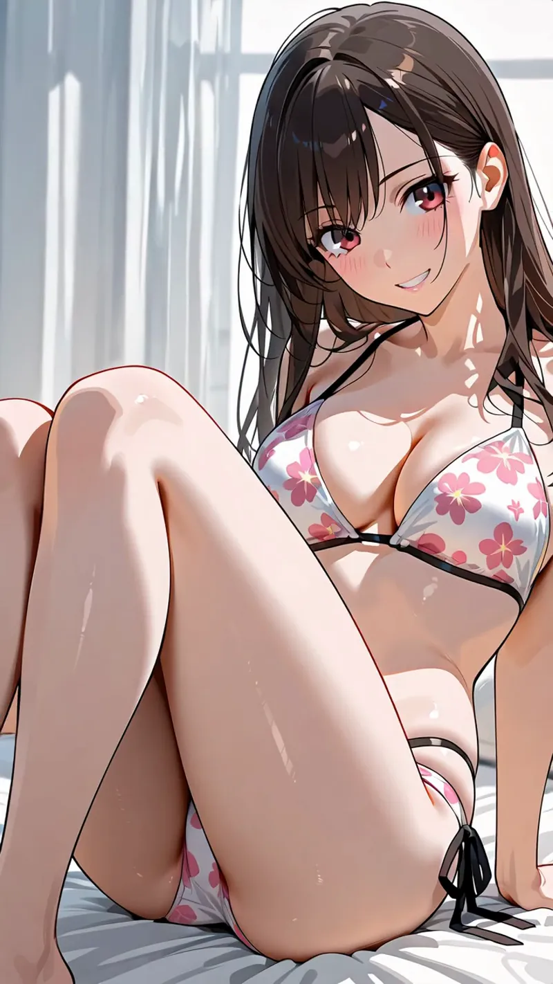 ピンク系の花柄ビキニを身につけた黒髪の美少女が、窓からの柔らかい光が差し込む室内でほほ笑んでいます。赤紫の瞳と優雅な表情が印象的なアニメ調イラストです。