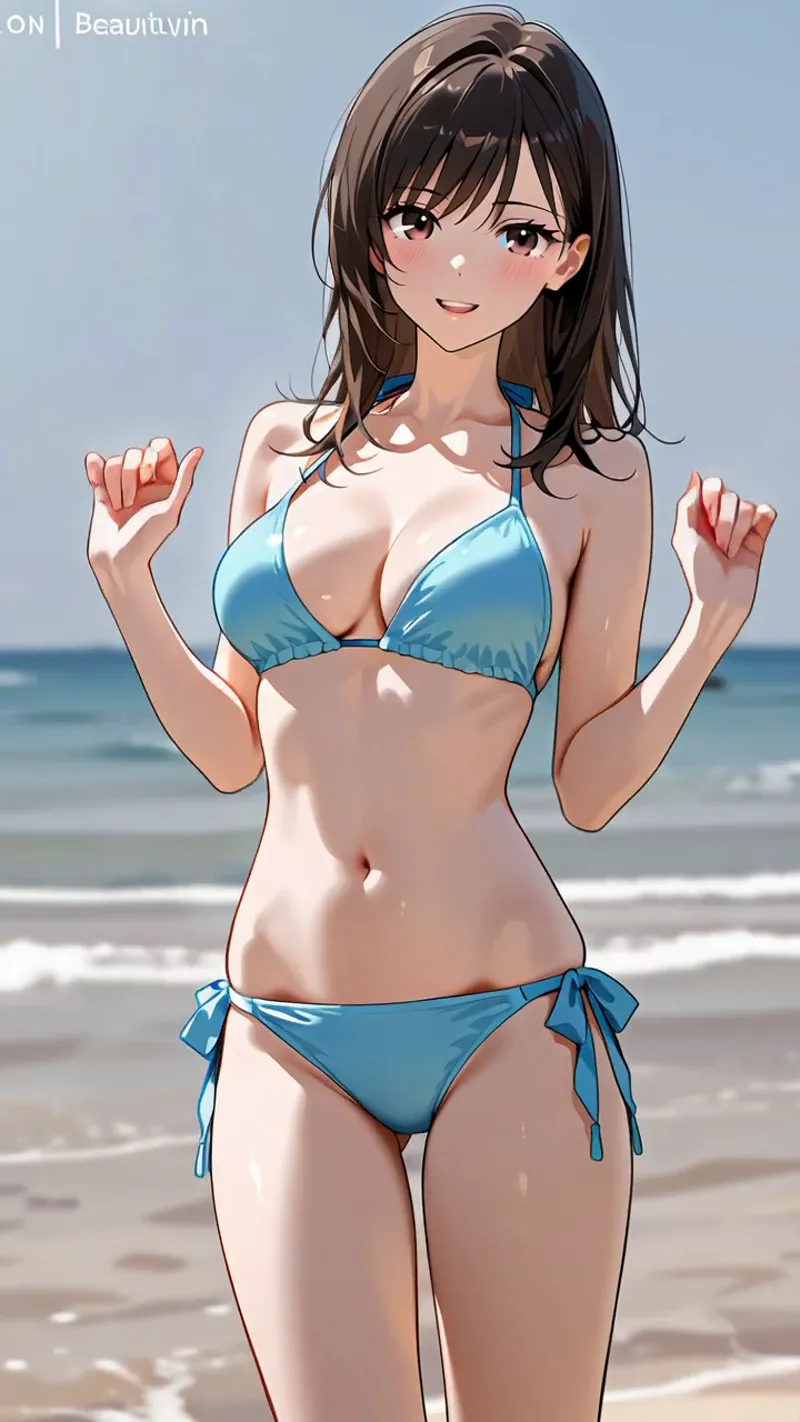 白い砂浜を背景に、青いビキニ姿で笑顔を浮かべる美少女のアニメ調イラストです。海風になびく黒髪とさわやかな表情が印象的で、夏の海辺の雰囲気が心地よく表現されています。