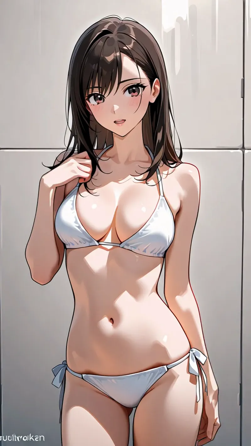黒髪のセミロングスタイルに前髪がかかり、落ち着いた表情で佇む美少女のアニメ調イラストです。ミニマルなタイル背景と柔らかな光の描写が、洗練された雰囲気を演出しています。