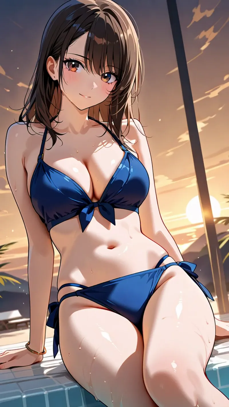 夕焼けに染まったビーチを背景に、紺色のビキニを身につけた黒髪の少女がしなやかなポーズで微笑む。光と影が優雅に交錯するアニメ調イラスト。