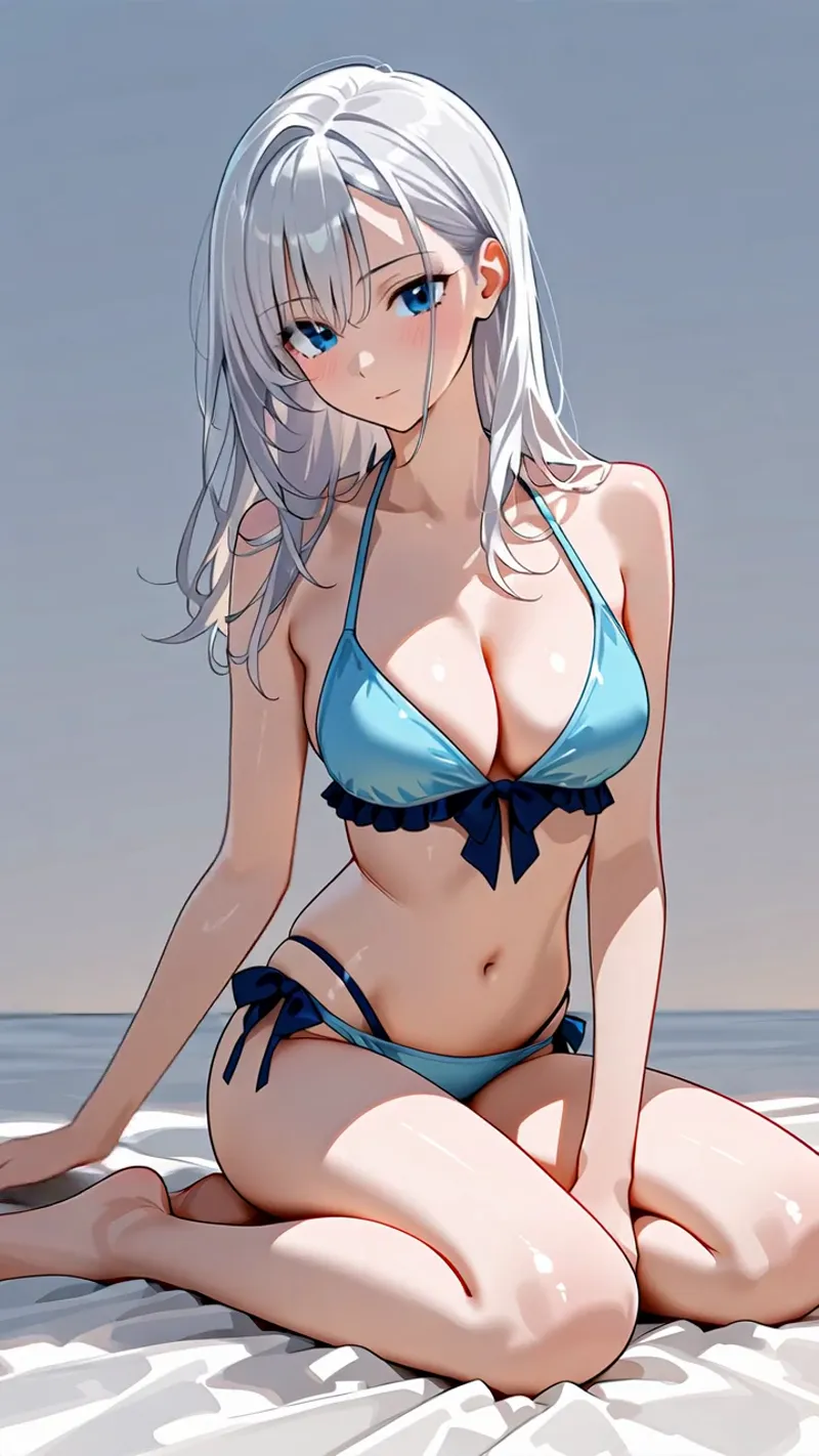 青い瞳が印象的な白髪ロングヘアの少女が、砂浜でリラックスした表情を見せるアニメ調イラストです。清潔感のある配色と海を背景とした涼しげな夏のシーン。