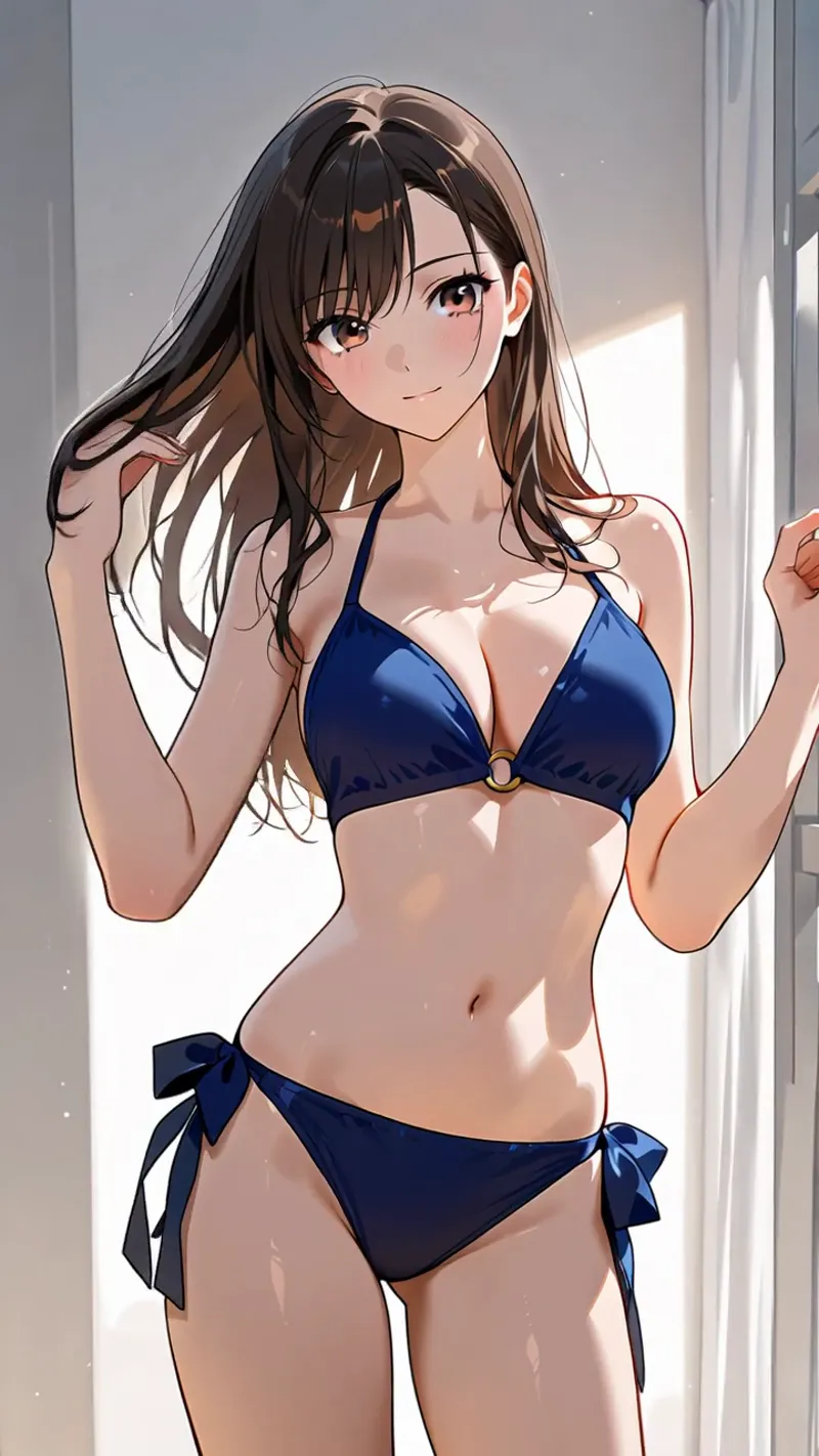 長い黒髪をなびかせ、爽やかな表情で微笑む美少女のアニメ調イラストです。紺色のビキニを身につけ、明るい窓からの光に照らされた室内で、自然な仕草で佇む姿が描かれています。