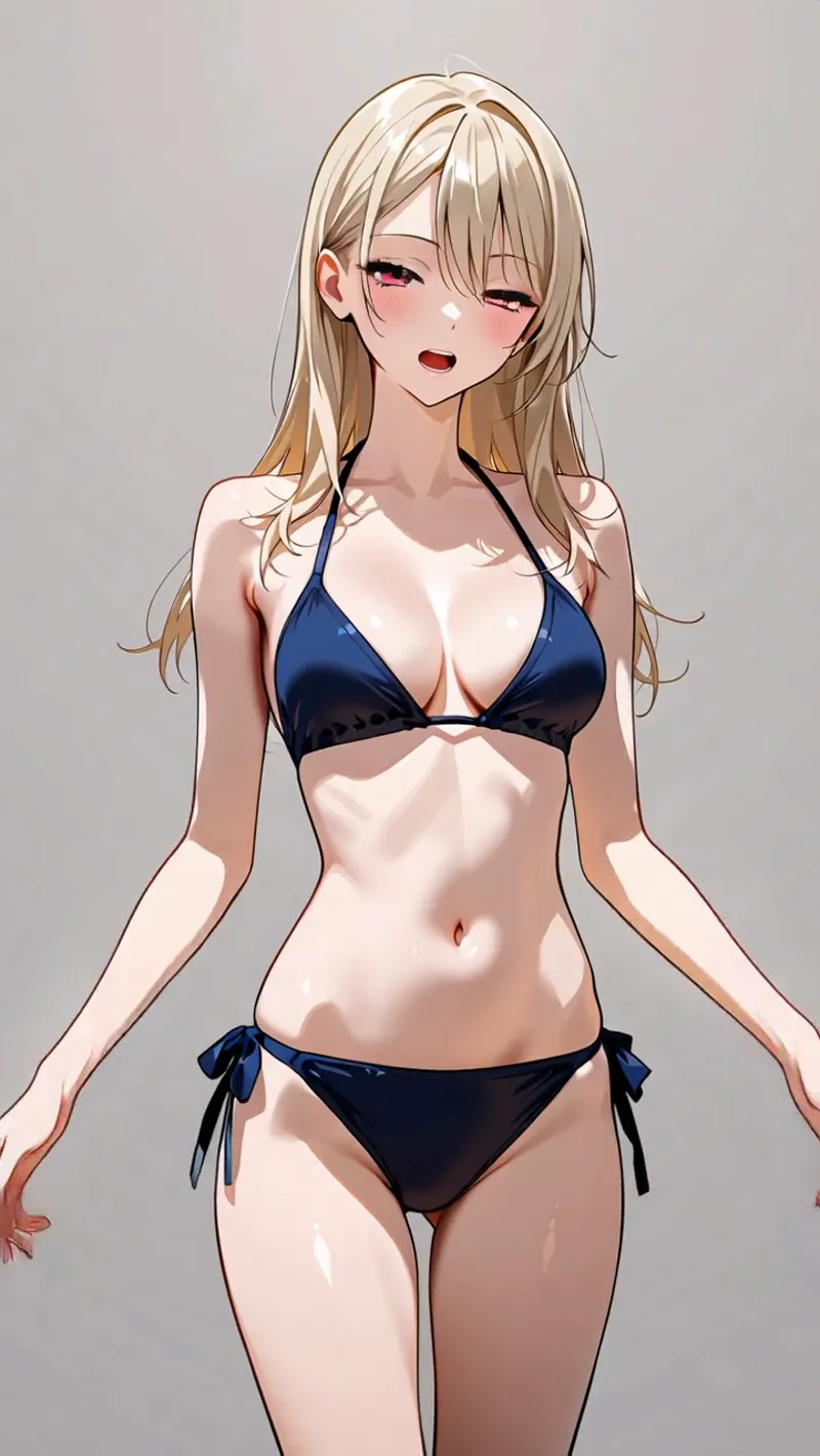 柔らかなベージュのロングヘアと赤紫の瞳が印象的な美少女のアニメ調イラストです。紺色のビキニを身に纏い、白を基調とした背景の前で穏やかな表情を浮かべています。